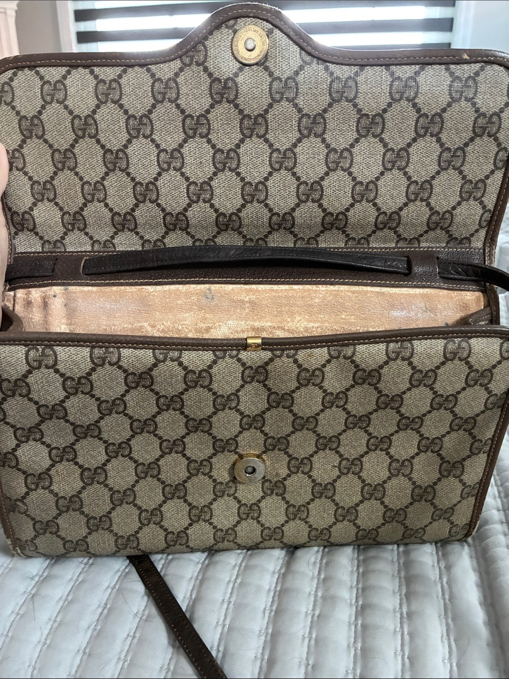 Gucci Beige Monogram Crossbody with Brown Leather Trim and Gold Buckle - Picture 6 of 13